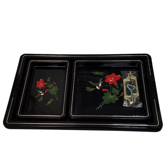 Vintage Japanese Nesting Trays Black Lacquerware 3pc Set Bird & Flowers - Picture 2 of 3